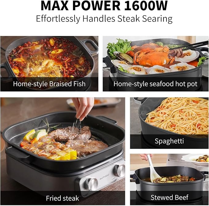 6-Quart Electric Skillet with Grill Non-Stick PFOA-Free Ceramic-Coated Pot, 1600W, Timer & 3 Power Settings for Steak, Egg, Ramen (Includes Tongs) Pot & Grill - Image 5