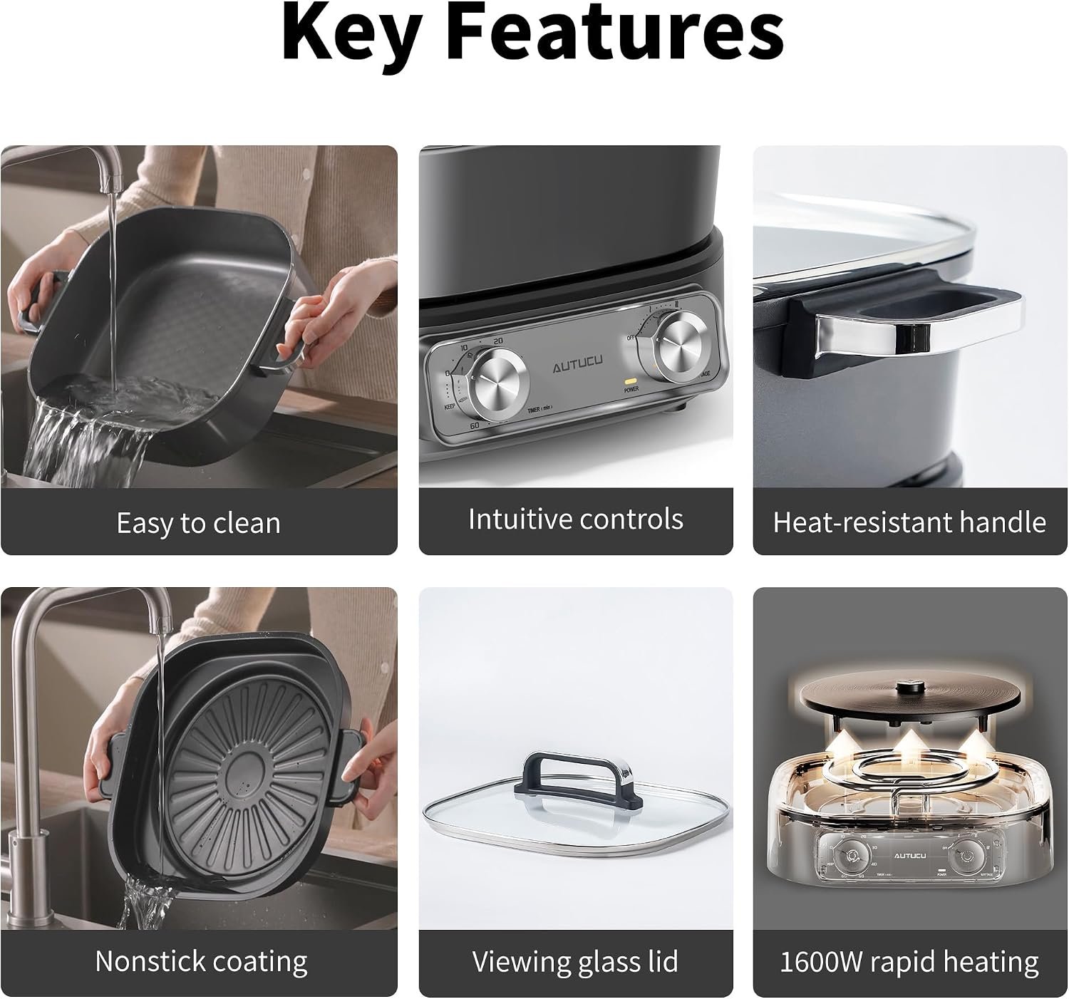 6-Quart Electric Skillet with Grill Non-Stick PFOA-Free Ceramic-Coated Pot, 1600W, Timer & 3 Power Settings for Steak, Egg, Ramen (Includes Tongs) Pot & Grill - Image 7