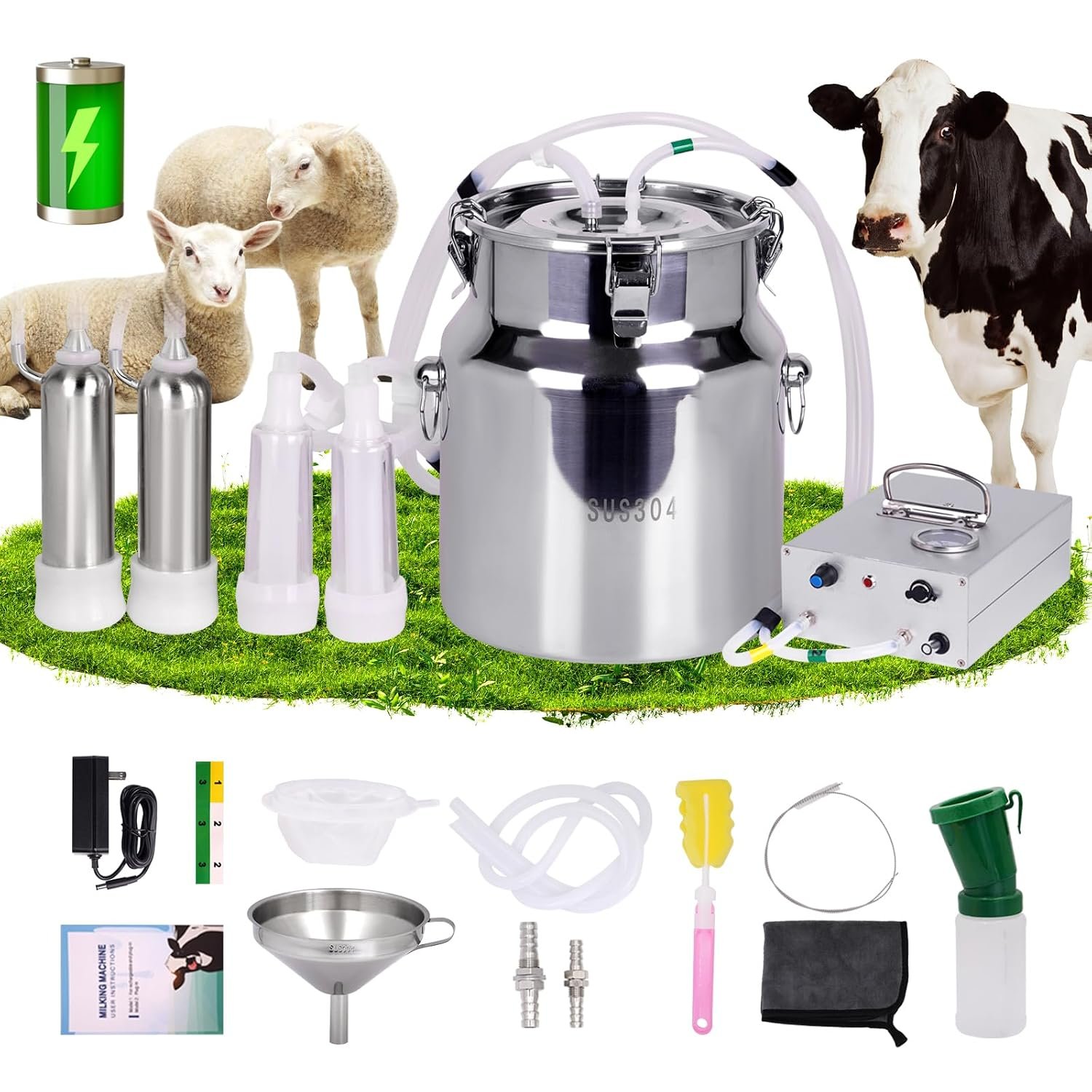 PKNYBZN 2-in-1 Cow & Goat Milking Machine, 8L 304 Stainless Steel Buckets, Rechargable Electric Automatic Pulsation Vacuum Milker Machine, Adjustable Suction for Cows and Goats