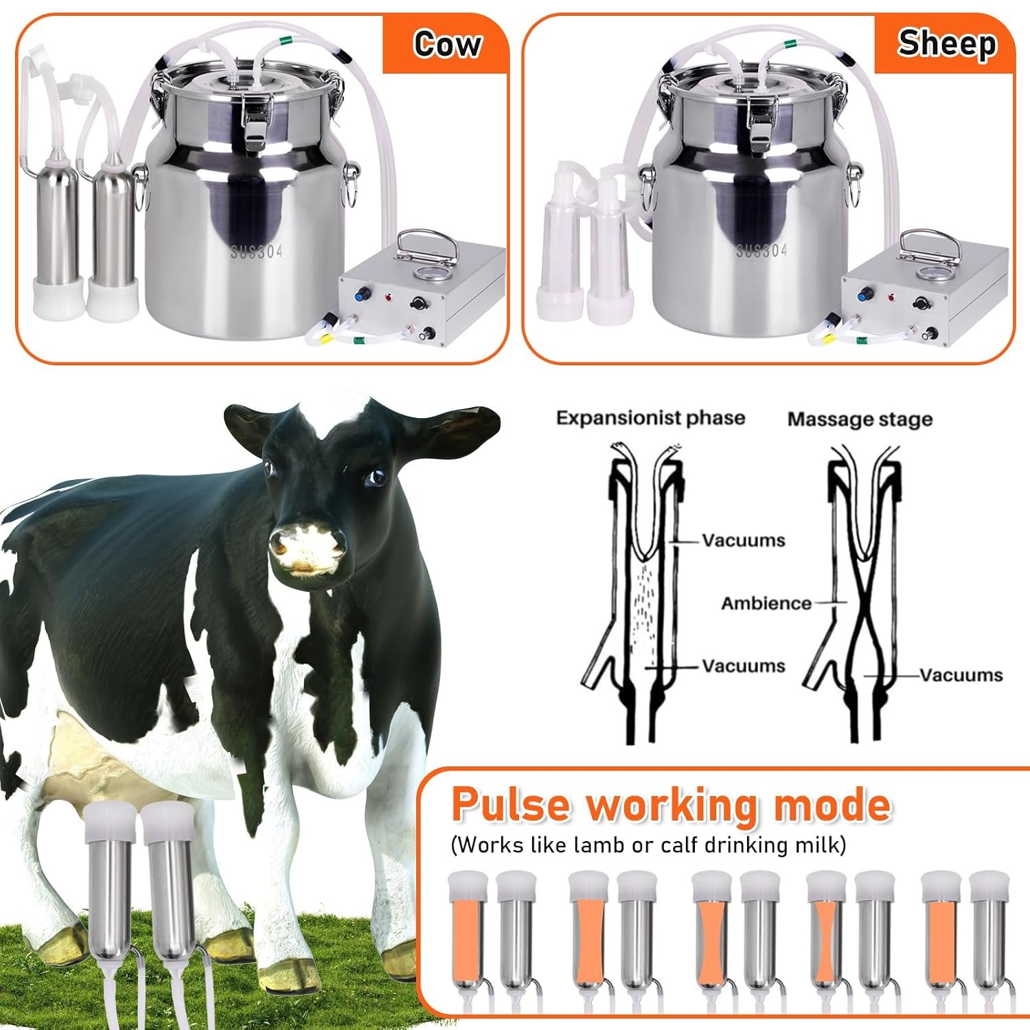 PKNYBZN 2-in-1 Cow & Goat Milking Machine, 8L 304 Stainless Steel Buckets, Rechargable Electric Automatic Pulsation Vacuum Milker Machine, Adjustable Suction for Cows and Goats - Image 4