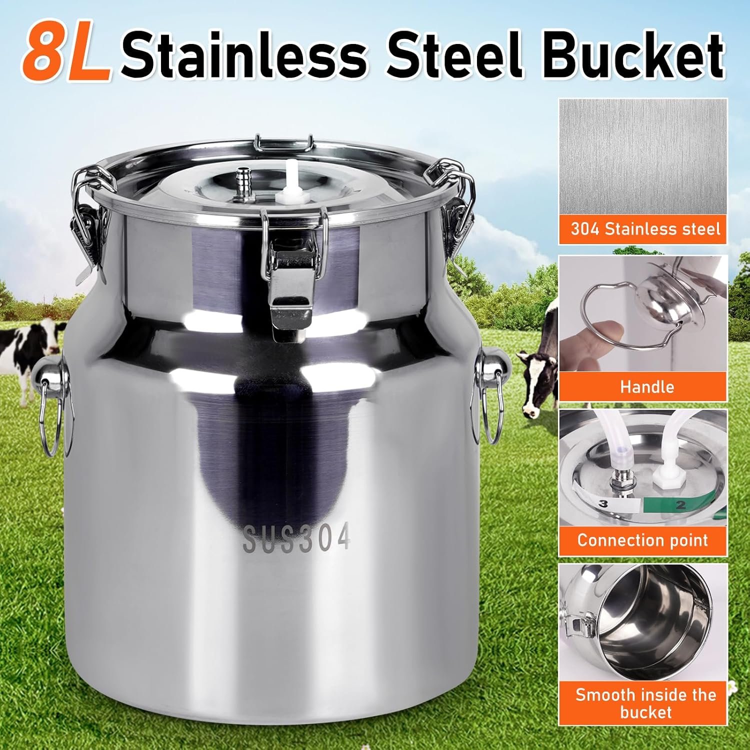 PKNYBZN 2-in-1 Cow & Goat Milking Machine, 8L 304 Stainless Steel Buckets, Rechargable Electric Automatic Pulsation Vacuum Milker Machine, Adjustable Suction for Cows and Goats - Image 5