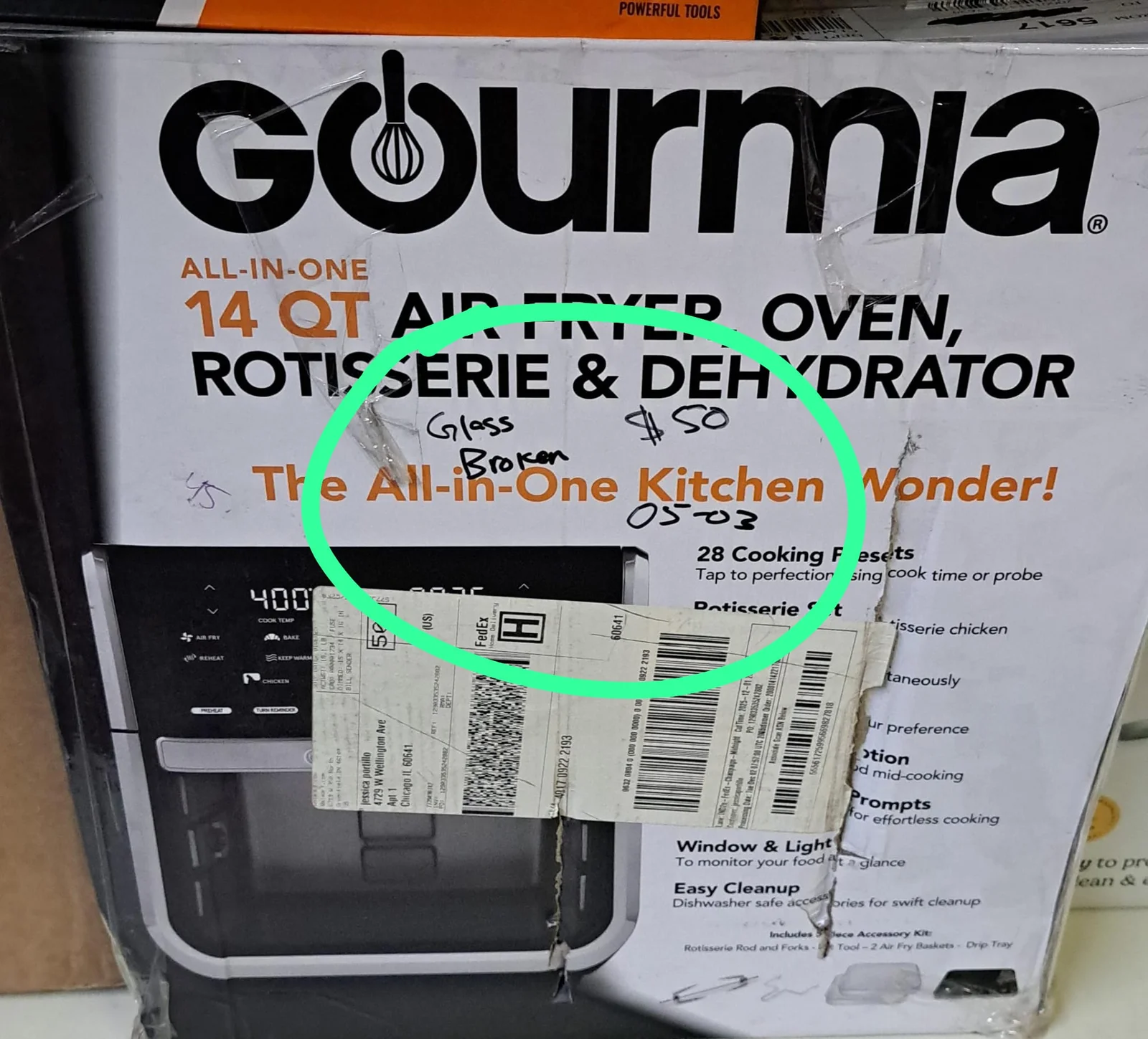 Gourmia All-in-One 14-Quart Air Fryer, Oven, Rotisserie, Dehydrator with Temperature Probe, Stainless Steel