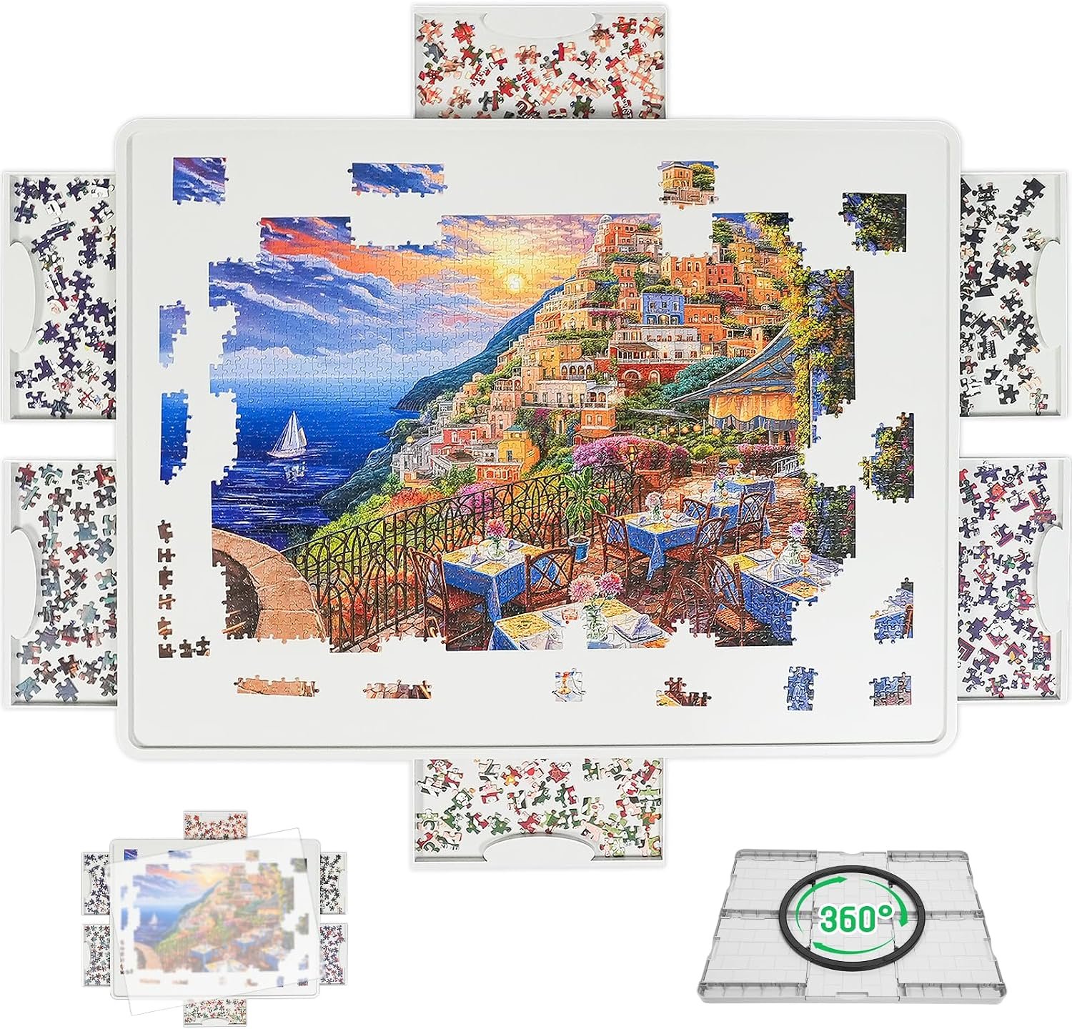 BuilderButler Lightweight 1500 Pieces Rotating Puzzle Board with 6 Sliding Drawers and Cover – 360° Lazy Susan Spinning, 34.25x26.38 Portable Plastic Puzzle Table, for Mom
