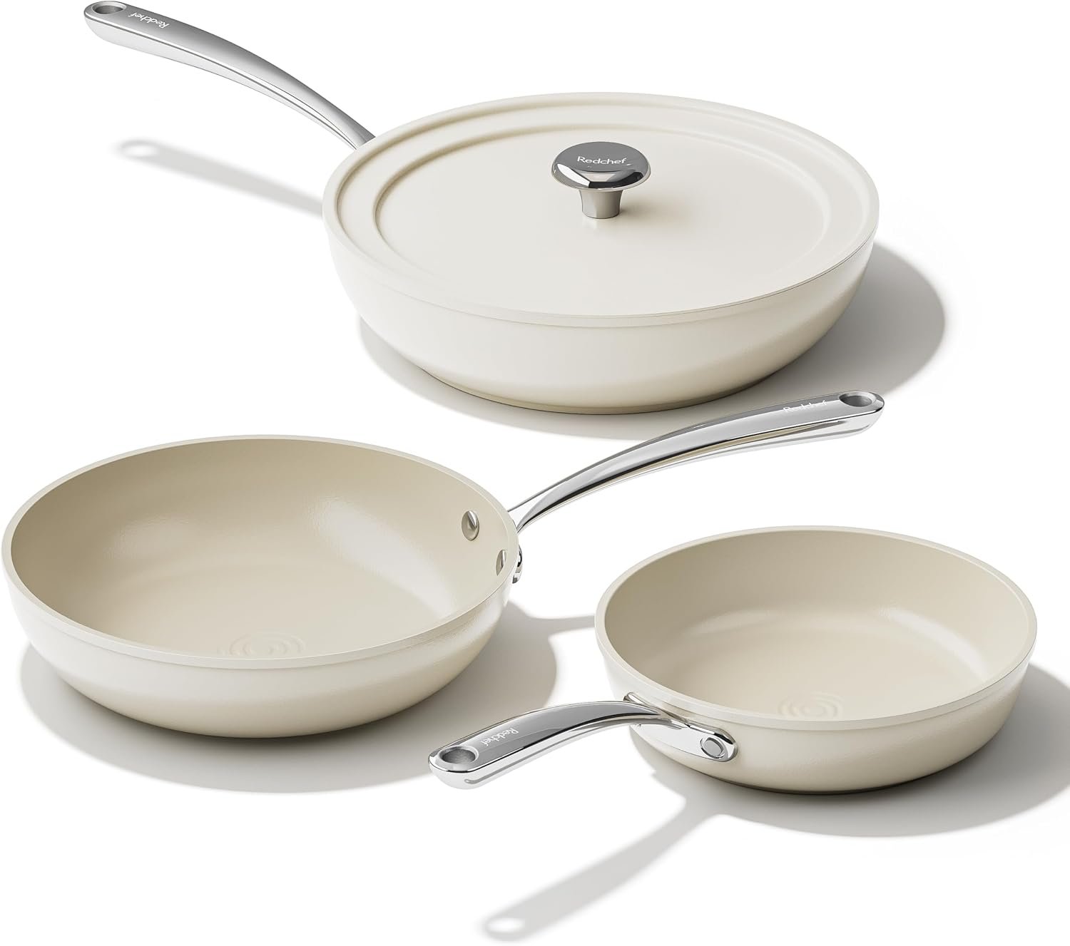 Redchef Ceramic Frying Pans, 4-Piece Non Stick Frying Pans, Non Toxic Skillet with Lid, Ceramic Cookware Set, 8 9.5 11 Egg Saute Pan, PFAS & PTFE & PFOA Free, Dishwasher & Oven Safe, Beige White
