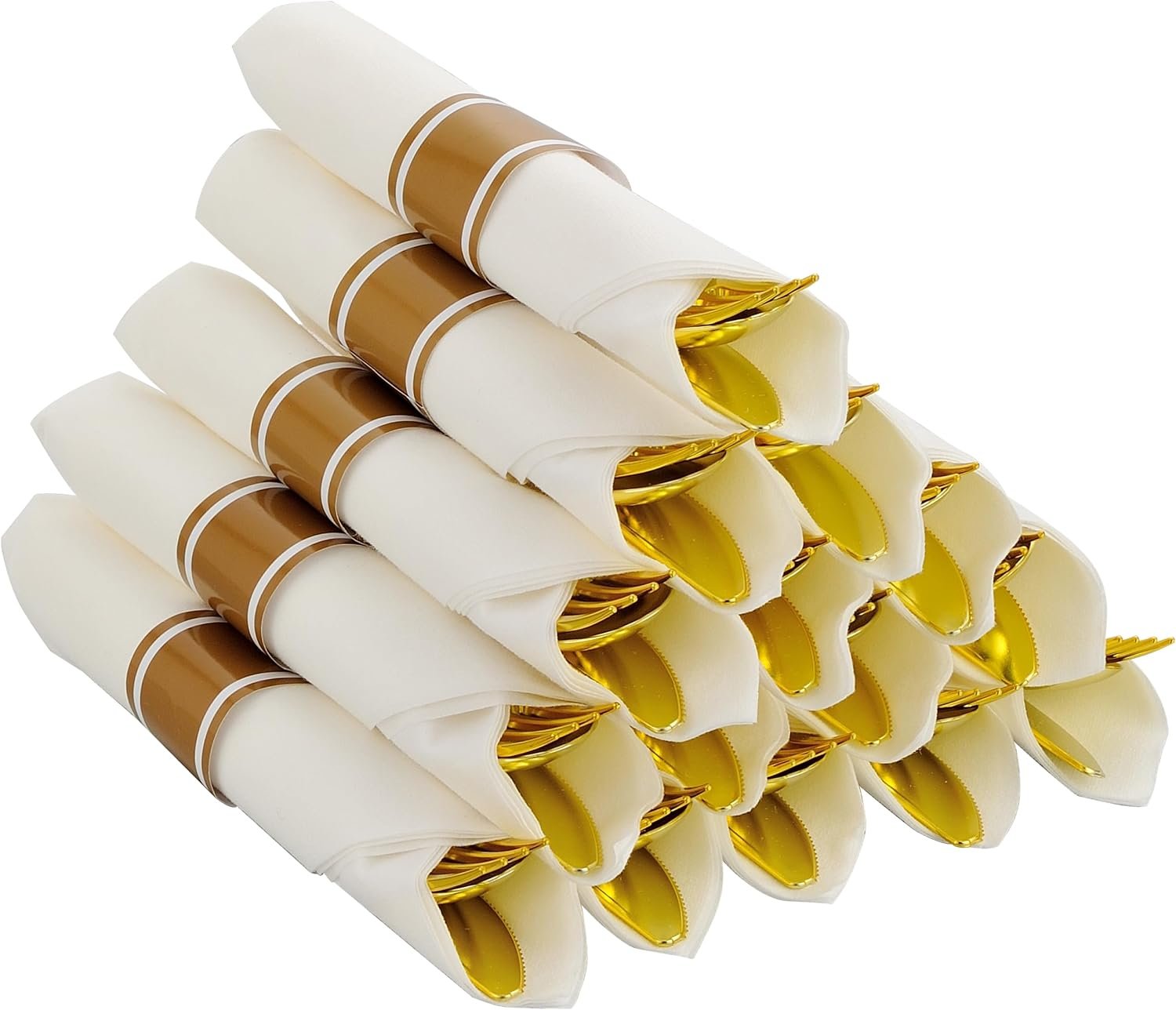 Noemie 100 Pack Pre Rolled Gold Hard Plastic Silverware Set,Wrapped Disposable Cutlery Set for Wedding Birthday Party with 100 Forks,Spoons,Knives,Napkins,Heavy Duty Utensils Flatware Set