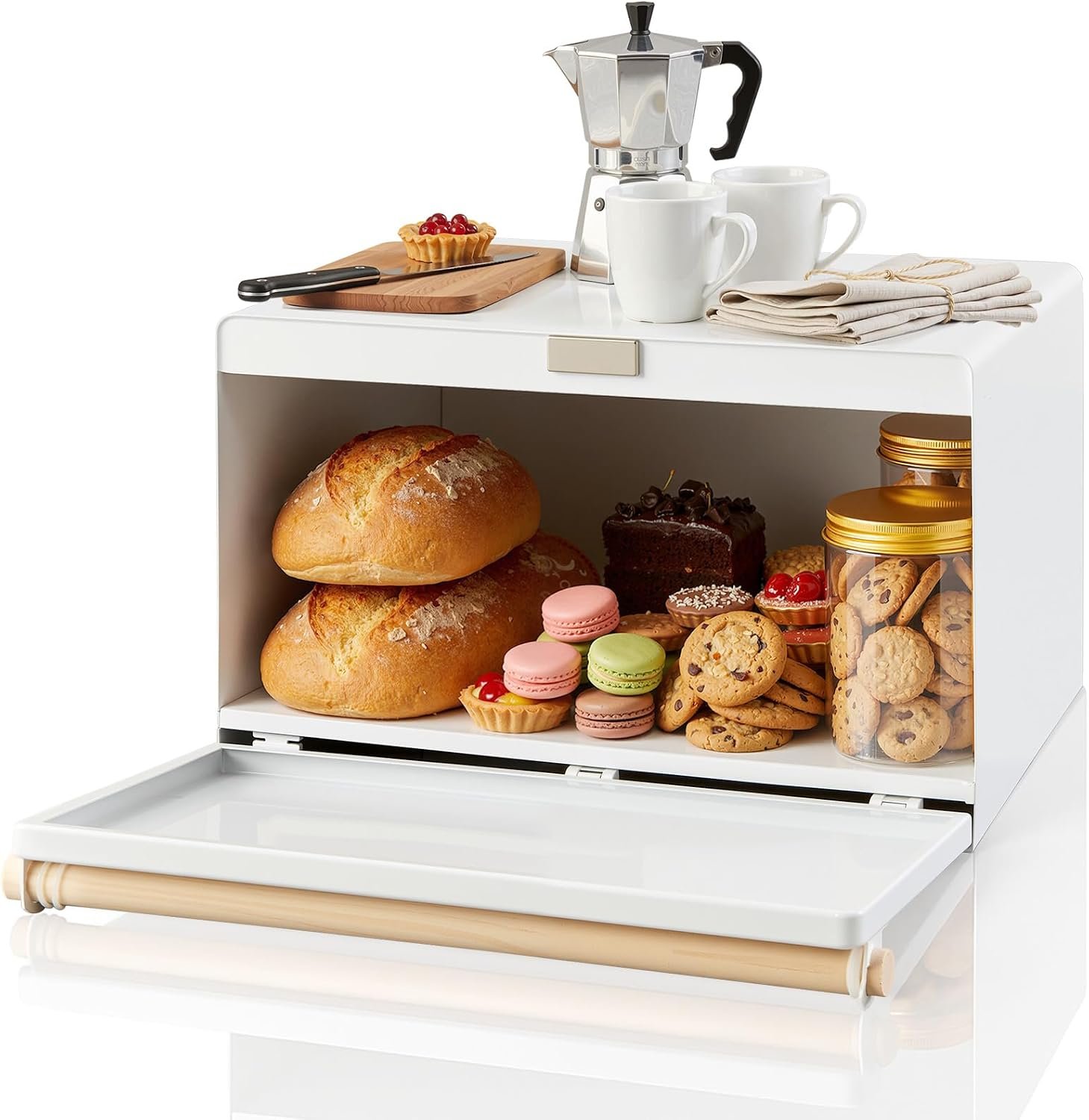 Maxdot Home Bread Box Keeper Holder Container, Metal Bread Holder Saver, Slim Space Saving Counter Storage Steel, Round Wood Handle, White，Steel