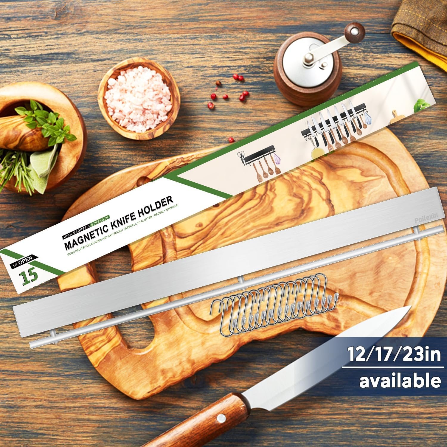 Pailexin 23 inch magnetic knife holder with 15 hooks, No Drilling black knife magnetic strip and utensil hanger for wall, Powerful knife magnet rack include tape and screws - Image 2