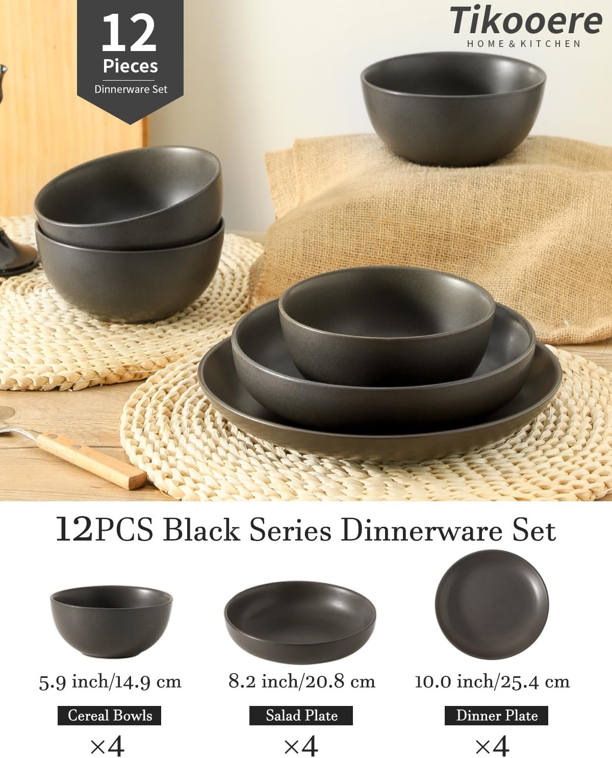 Tikooere Plates and Bowls Sets, 12-Pieces Stoneware Dinnerware Set Ceramic, Matte Black Dishes Set for 4, Scratch Resistant, Microwave and Dishwasher Safe Tableware, Porcelain - Image 2