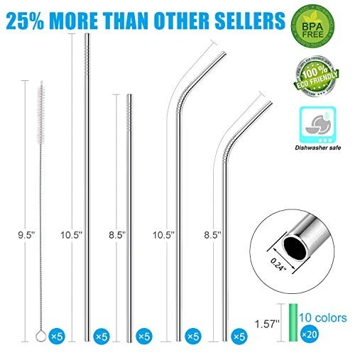 20 Pack Reusable Stainless Steel Metal Straws,10.5" & 8.5" Reusable Drinking Straws with 20 Silicone Tips 5 Straw Brushes 1 Travel Case,Eco Friendly Extra Long Metal Straw Fit for 20 24 30 oz Tumbler