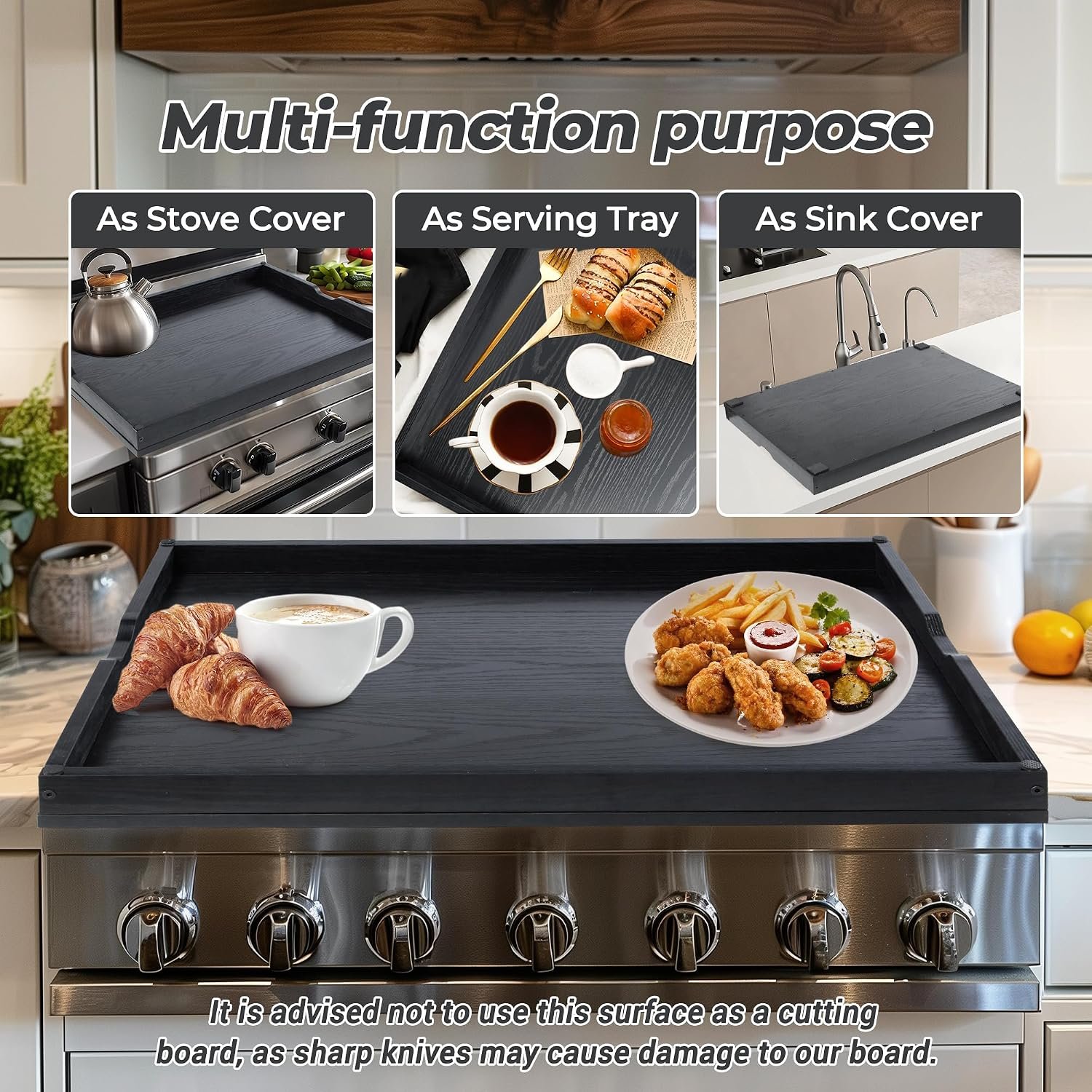 WOLKI Noodle Board Stove Covers for Gas Burners, 30"L x 22"W x 2.4"Th Heavyweight Stove Top Covers for Electric Stove, Buil-in Handles, RV Stove Cover, Wooden Serving Tray, Black - Image 5