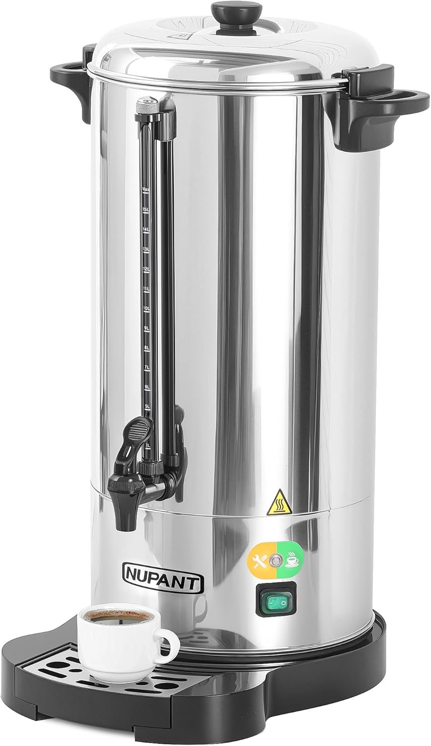 Commercial Coffee Urn 100 Cup15L Coffee Dispenser with Upgraded Percolator, Double Wall 304 Stainless Steel Hot Water Urn Beverage Dispenser with Keep Warm Mode Large Coffee Maker for Catering Party