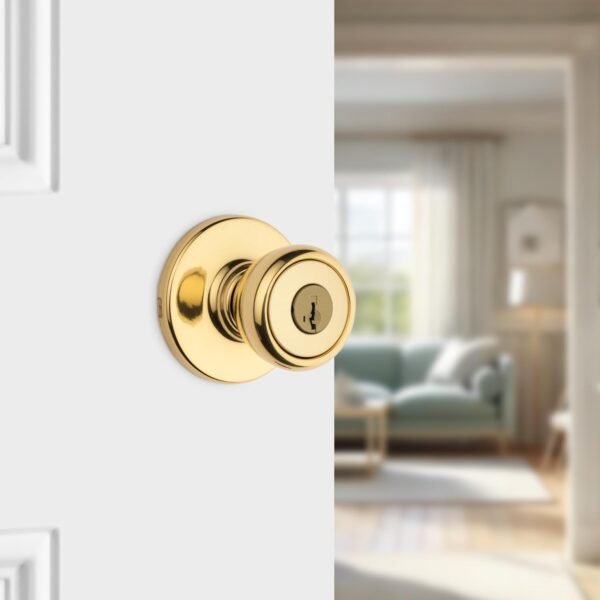 Kwikset Tylo Entry Door Knob with Lock and Key, Secure Keyed Handle Exterior, Front Entrance and Bedroom, Polished Brass, Pick Resistant SmartKey Rekey Security