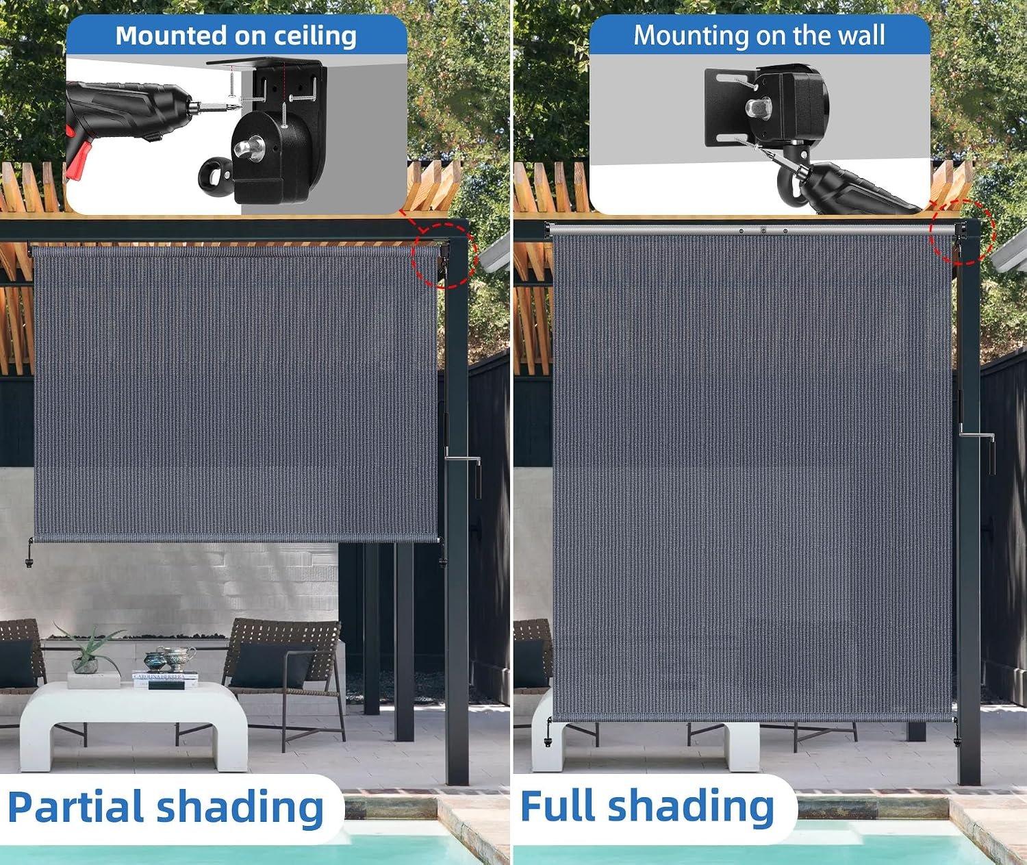 Outdoor Roller Shades for Patio 8 ft Wide,Patio Shade Roll Up Outdoor Blind 8'W x 8'H Exterior Cordless Blind for Porch Privacy Protection,Keep Cooler,UV Blocking,One-Piece Fabric,Easy Install&Clean - Image 2
