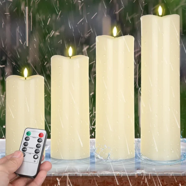 Rossesay 8 10 12 14 X 4 Large Waterproof Outdoor Flameless Candles, 4 Pcs LED Pillar Candles with Remote and Timers Battery Operated Jumbo Flickering for Home Patio Church Lanterns(Black)
